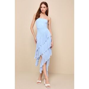 Lulus Iconic Babe Light Blue Mesh Asymmetrical Strapless Midi Dress - Size M